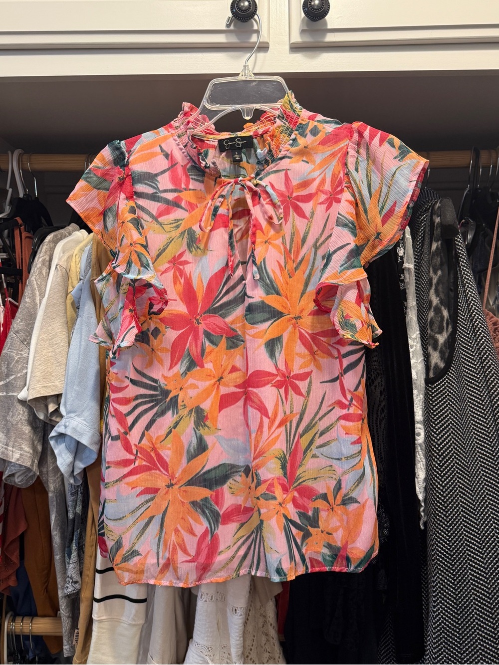 Jessica Simpson Pink and Orange Floral Ruffle Tie-Neck Blouse
